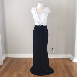 Val Stefani White and Black Sequin Belted Gown